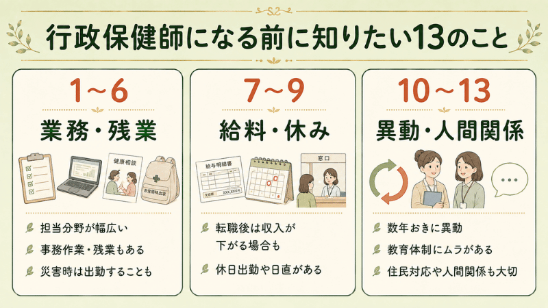 行政保健師になる前に知っておきたい13のポイントを、業務・給料・人間関係の3分野に分けた図解。