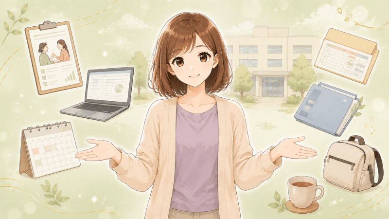 書類やパソコン、給与明細、カレンダーなどに囲まれ、行政保健師の仕事を紹介する元保健師の女性。