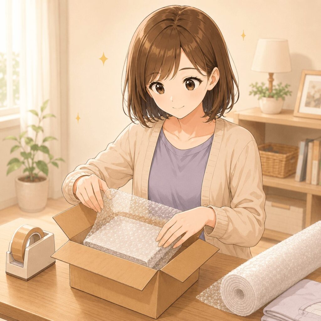 メルカリの商品を丁寧に梱包しているイラスト。 プチプチと段ボールで包む様子