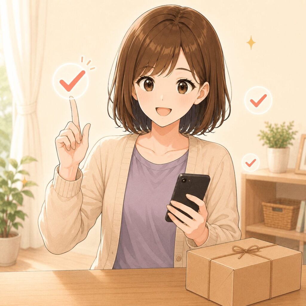 メルカリの発送前チェックリストを確認している女性のイラスト