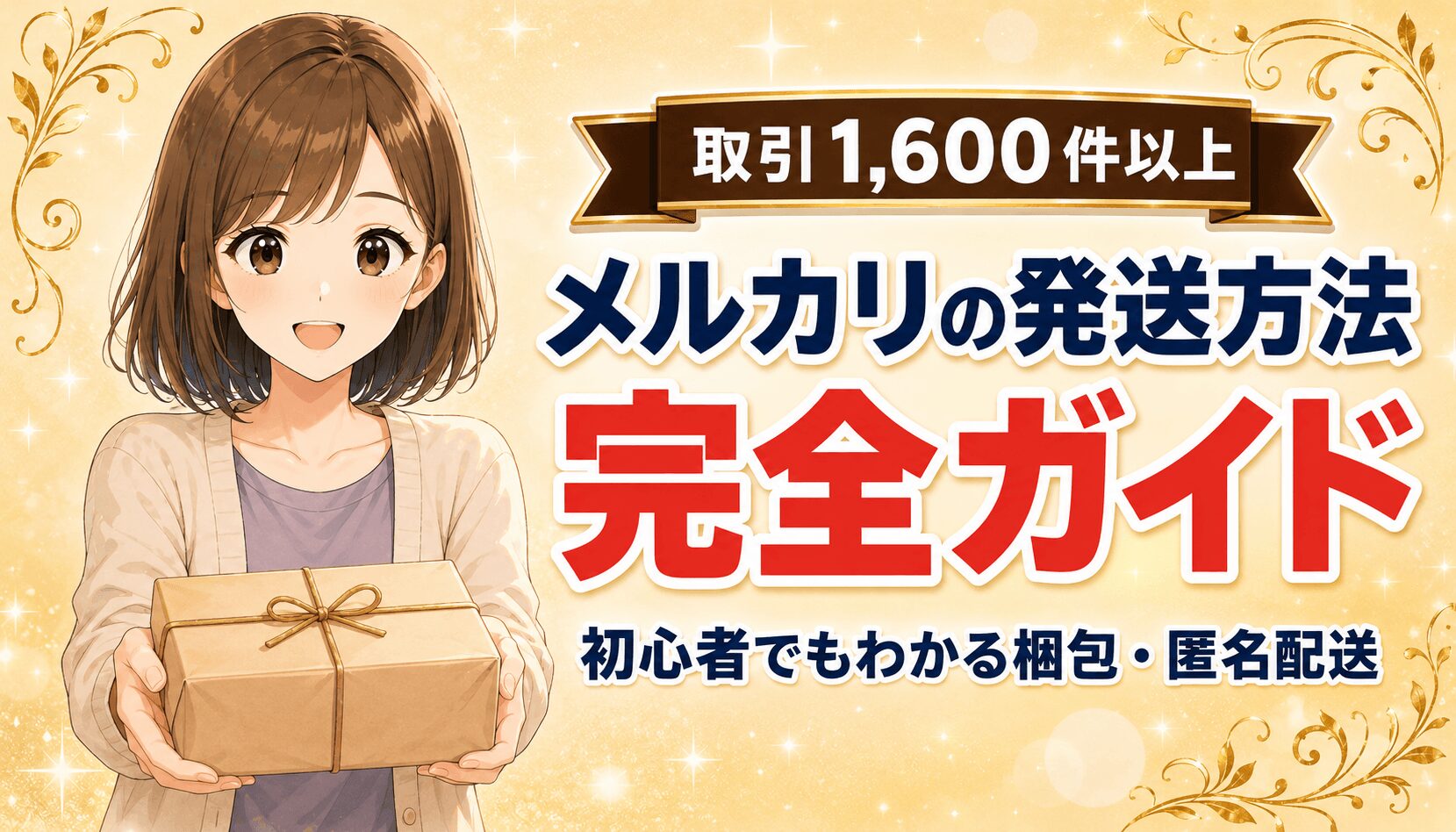 メルカリの発送方法を初心者向けに解説した記事のアイキャッチ。 荷物を持つ女性のイラスト
