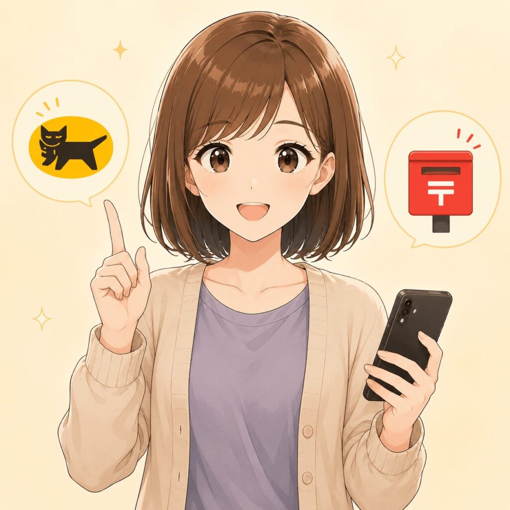 メルカリの発送方法（らくらくメルカリ便・ゆうゆうメルカリ便） の選び方を説明しているイラスト