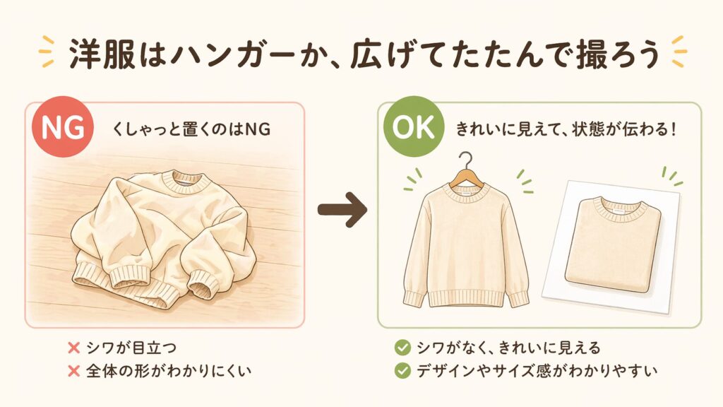 メルカリ洋服撮影のNG例とOK例｜くしゃっと置くのはNG・ハンガーか広げてたたむのがOK