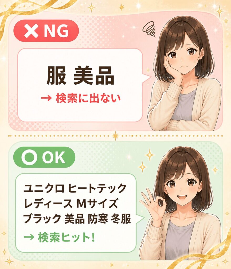 メルカリで売れるタイトルのNG例とOK例の比較｜情報が少ないと検索に出ないがブランド名やサイズを入れると検索ヒット