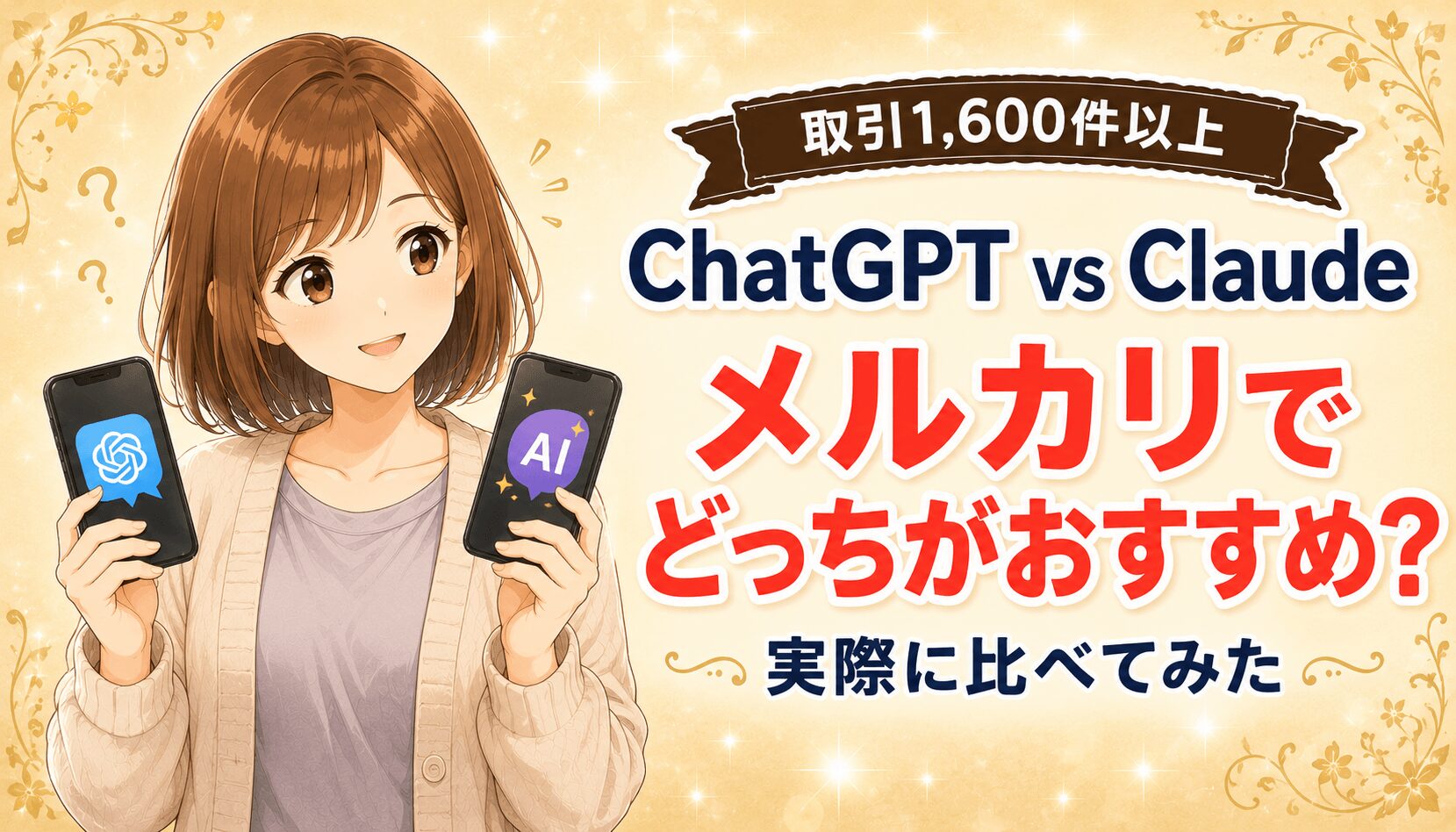 メルカリでChatGPTとClaudeのどちらが使いやすいかを実体験で比較した記事のアイキャッチ。2台のスマホを持つ女性のイラスト