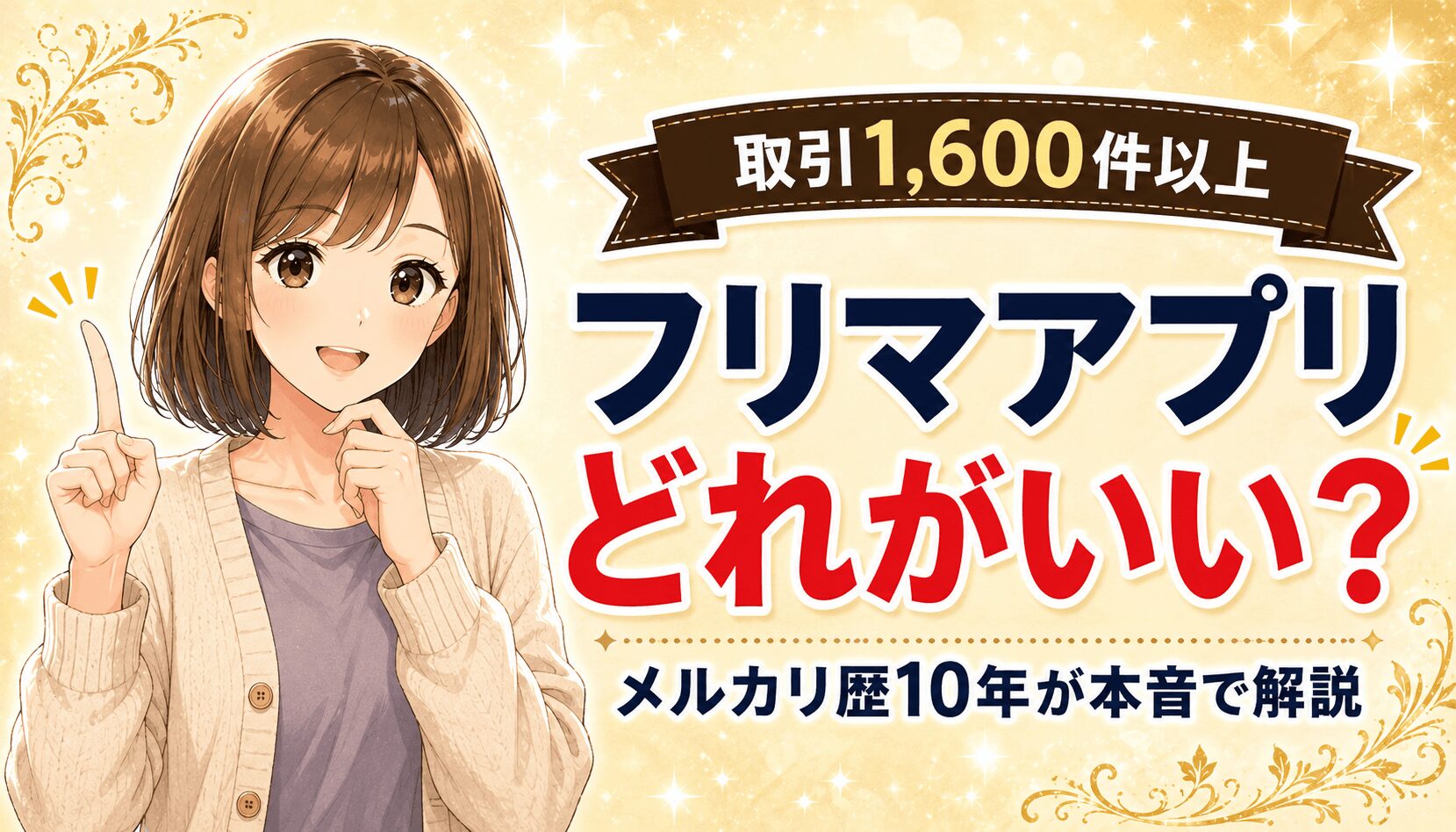 フリマアプリの選び方をメルカリ歴10年の経験から解説した 記事のアイキャッチ。おすすめを伝える女性のイラスト