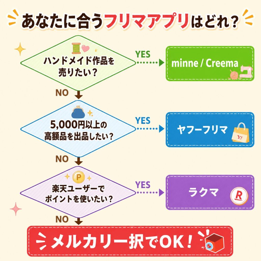 フリマアプリの選び方を4つの質問で診断するフロー図
