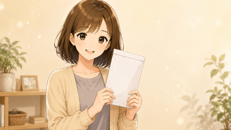 メルカリ300円出品の発送封筒を持つイメージ