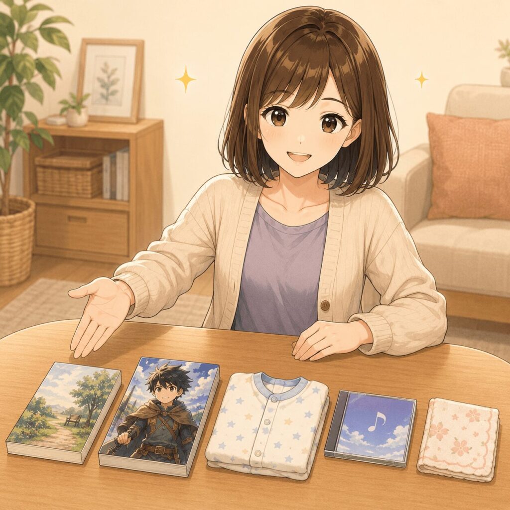 メルカリで300円で実際に売れた商品（文庫本・コミック・ 子供服・CDなど）を紹介しているイラスト
