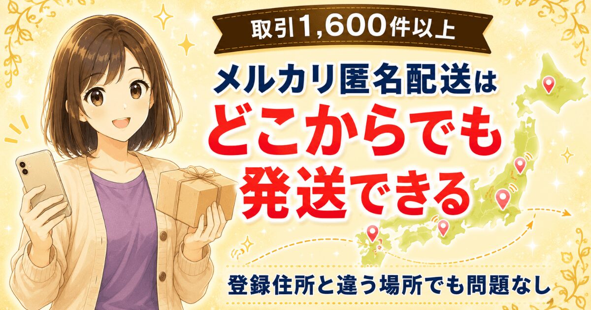 メルカリの匿名配送はどこからでも発送できることを解説した記事のアイキャッチ。スマホと荷物を持つ女性のイラスト