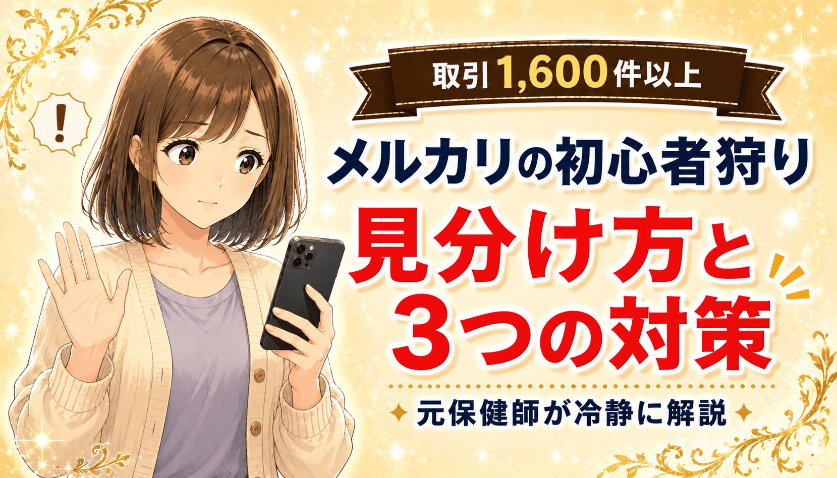 メルカリの初心者狩りの見分け方と対策を解説した 記事のアイキャッチ。スマホを見て警戒する女性のイラスト