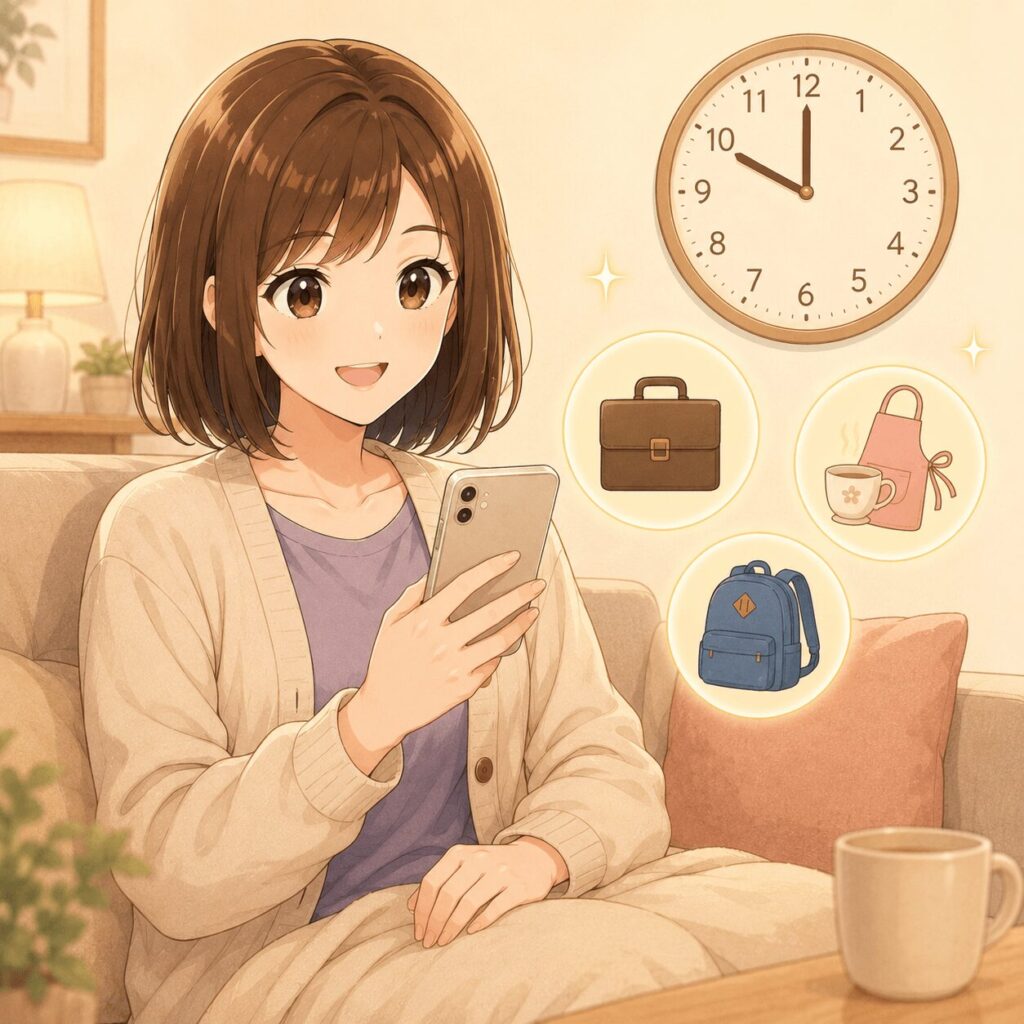 メルカリで売れやすい時間帯をユーザー別（会社員・主婦・ 学生）に解説するセクションのイメージイラスト