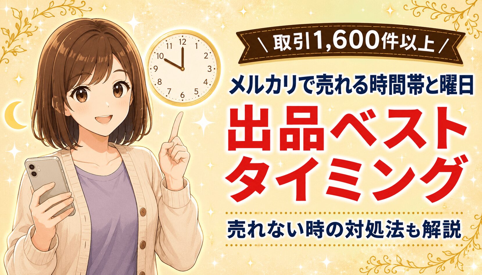 メルカリで売れる時間帯と曜日の出品ベストタイミングを 解説した記事のアイキャッチ。スマホを持つ女性のイラスト