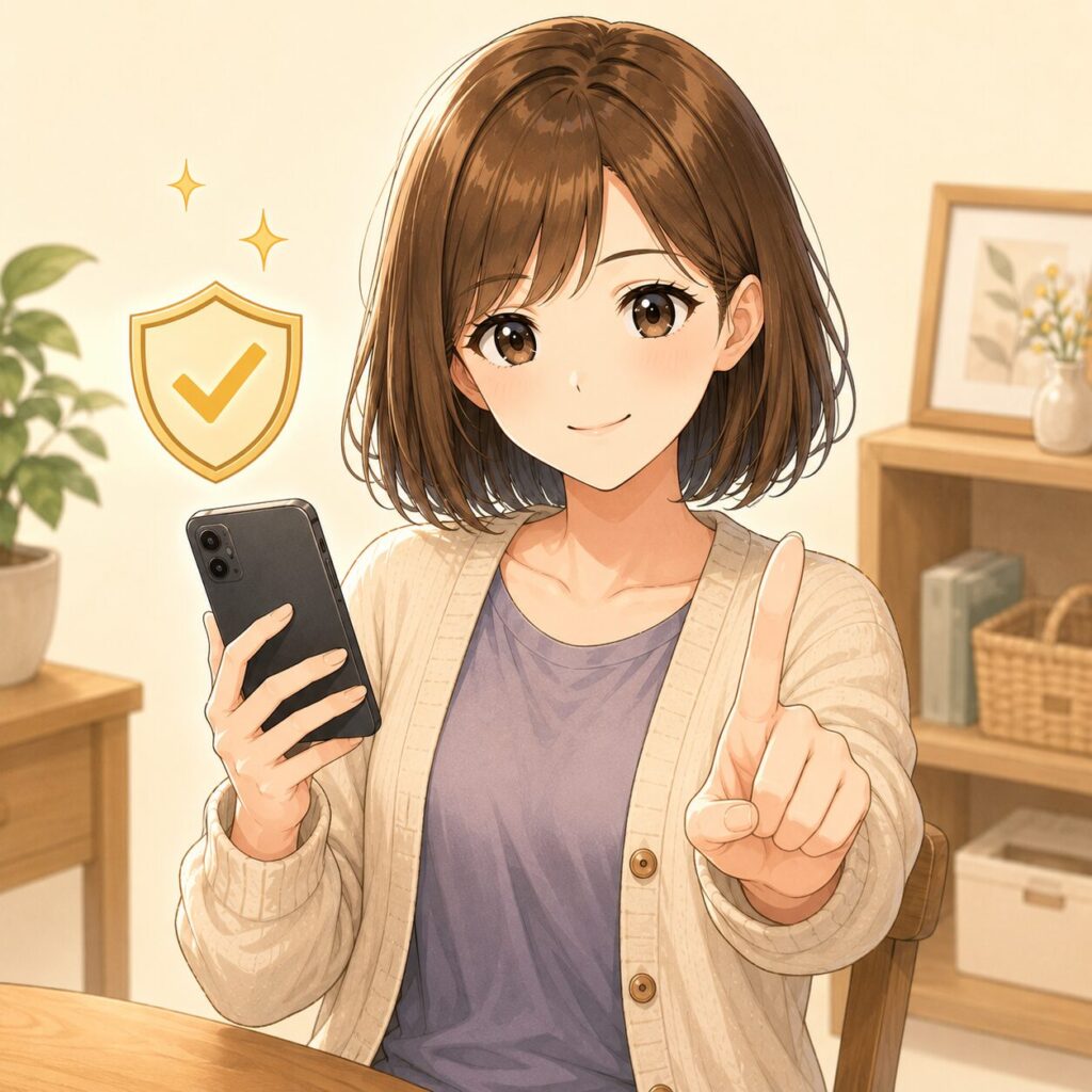 メルカリの初心者狩りに対して冷静に対処する 女性のイラスト。ブロック・通報の対策セクション