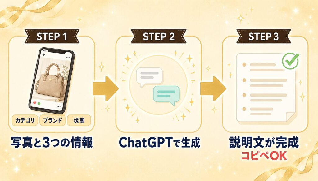 ChatGPTでメルカリの商品説明文を作る3ステップフロー図解。写真と3情報を入力、AIが生成、説明文が完成までの流れ