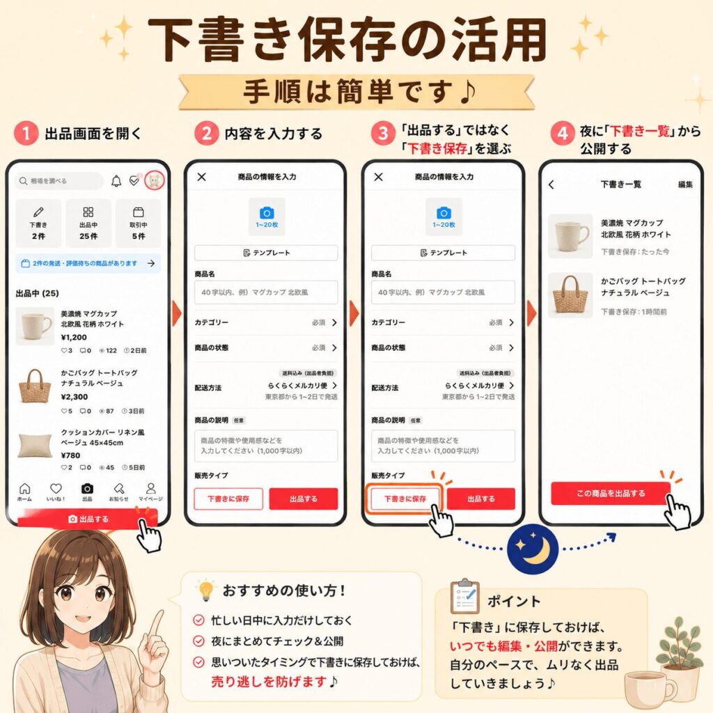 メルカリの下書き保存を活用して 昼間に入力・夜に公開する4ステップの手順図