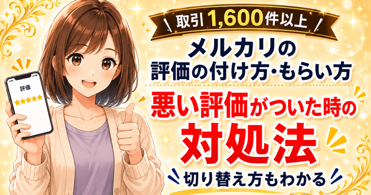 メルカリの評価の付け方と悪い評価がついた時の対処法を解説した記事のアイキャッチ