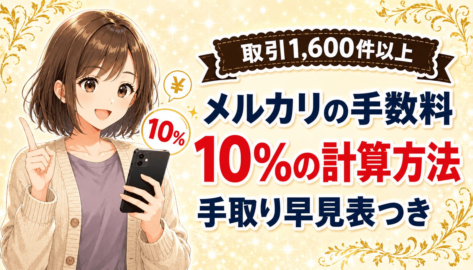 メルカリの販売手数料10%の計算方法と手取りを増やすコツを 解説した記事のアイキャッチ。スマホを持つ女性のイラスト