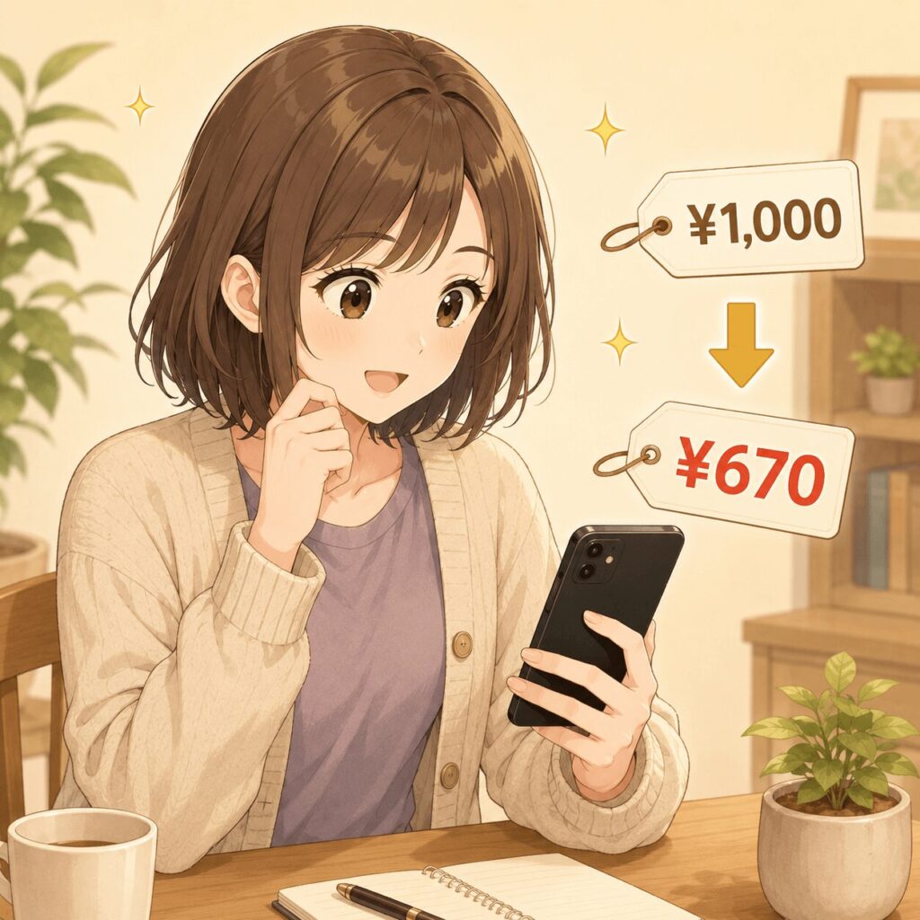 メルカリの手取り計算(販売価格×0.9-送料)を確認している 女性のイラスト
