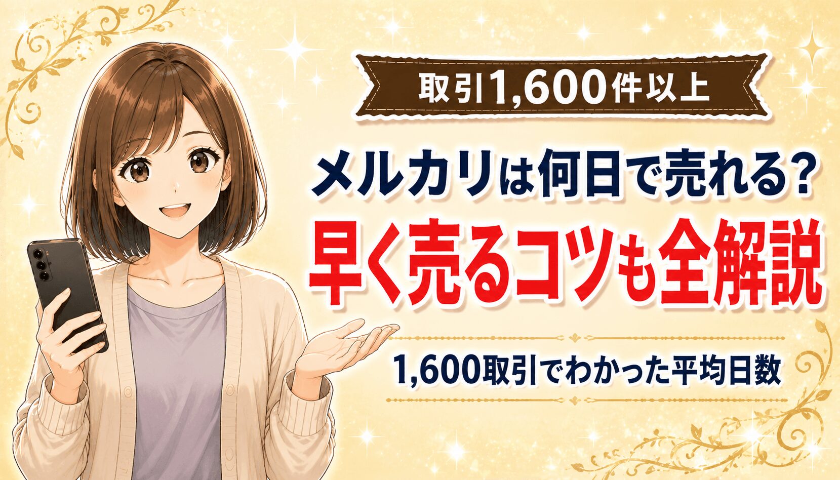 メルカリで出品してから何日で売れるかを解説した記事のアイキャッチ。スマホを持つ女性のイラスト