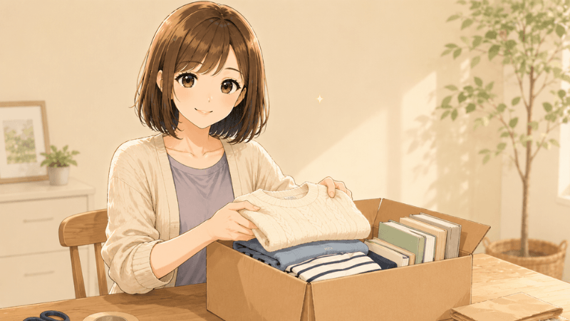 不用品をメルカリで売る準備をしている女性のイラスト
