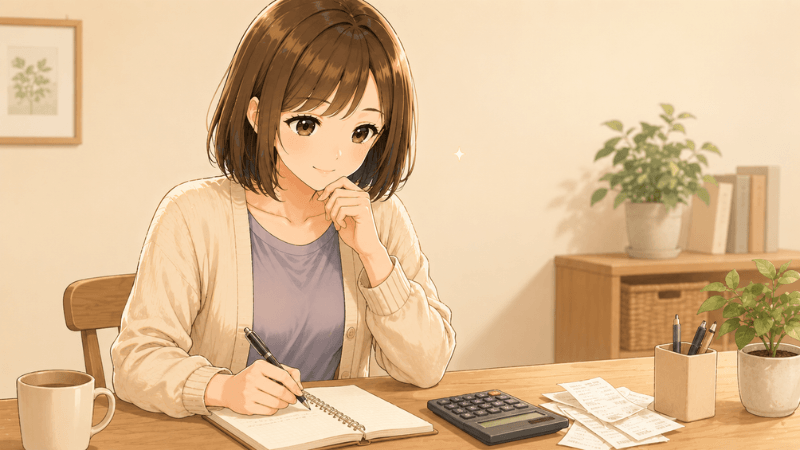 せどりの収支をメモしている女性のイラスト 