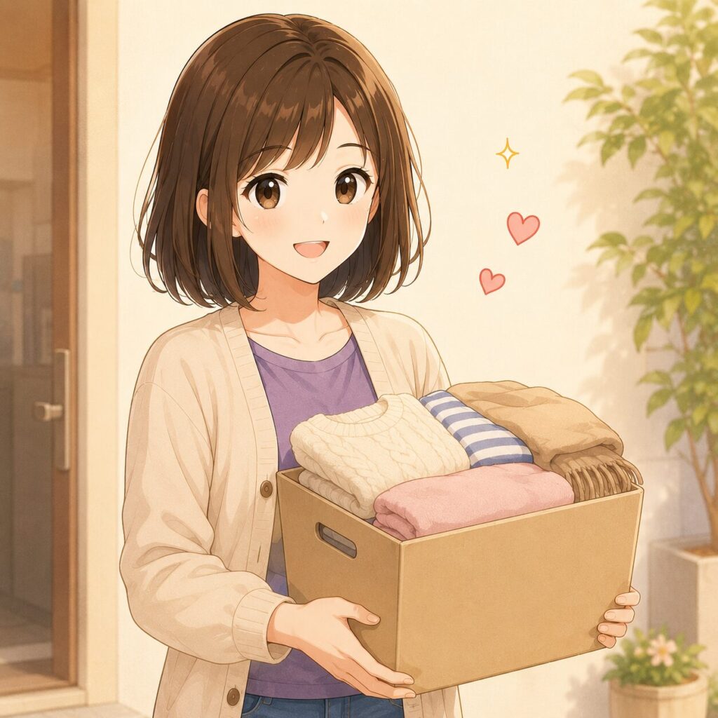 売れない商品をリサイクルショップに持っていきスッキリした表情の女性のイラスト。手放す選択を 紹介するセクションのイメージ