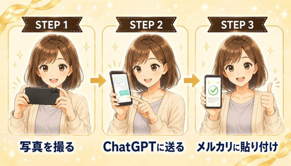 メルカリ出品の3ステップ図解。写真を撮る、ChatGPTに送る、メルカリに貼り付けで完成までの流れ