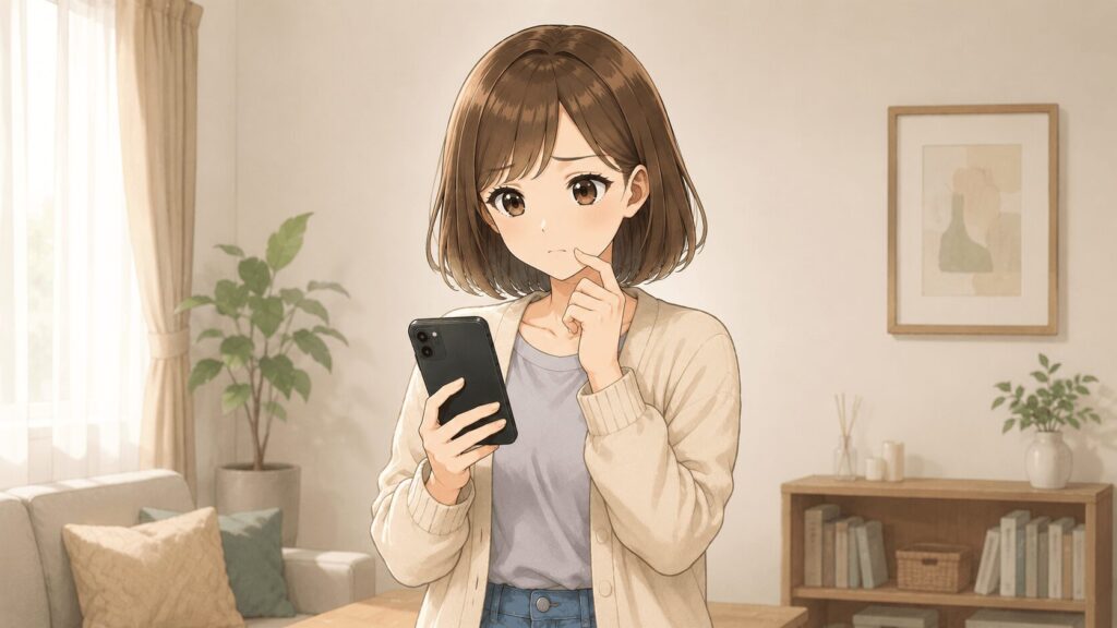 メルカリの値下げコメントを見て悩むブログキャラクターのイラスト