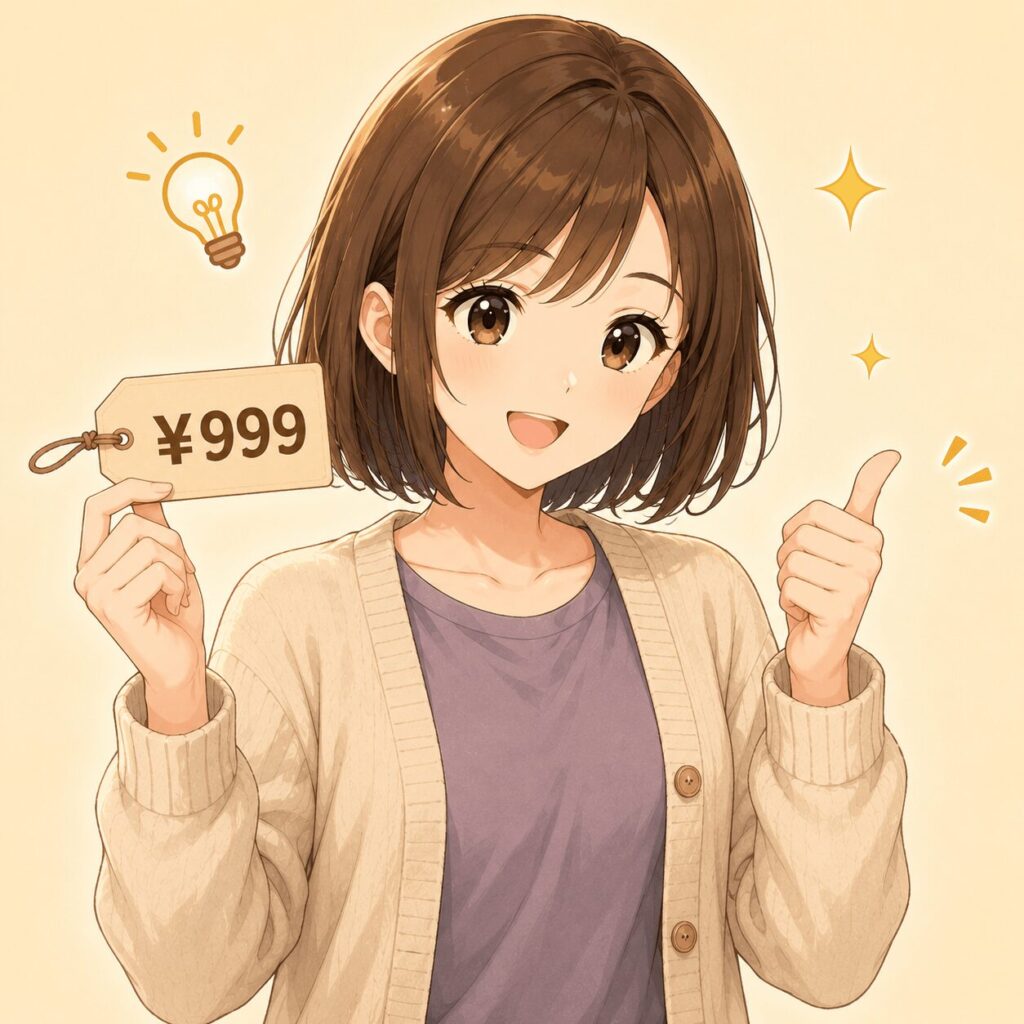 メルカリで手数料負けしない値付けのコツを説明している 女性のイラスト。999円の値札を持つポーズ