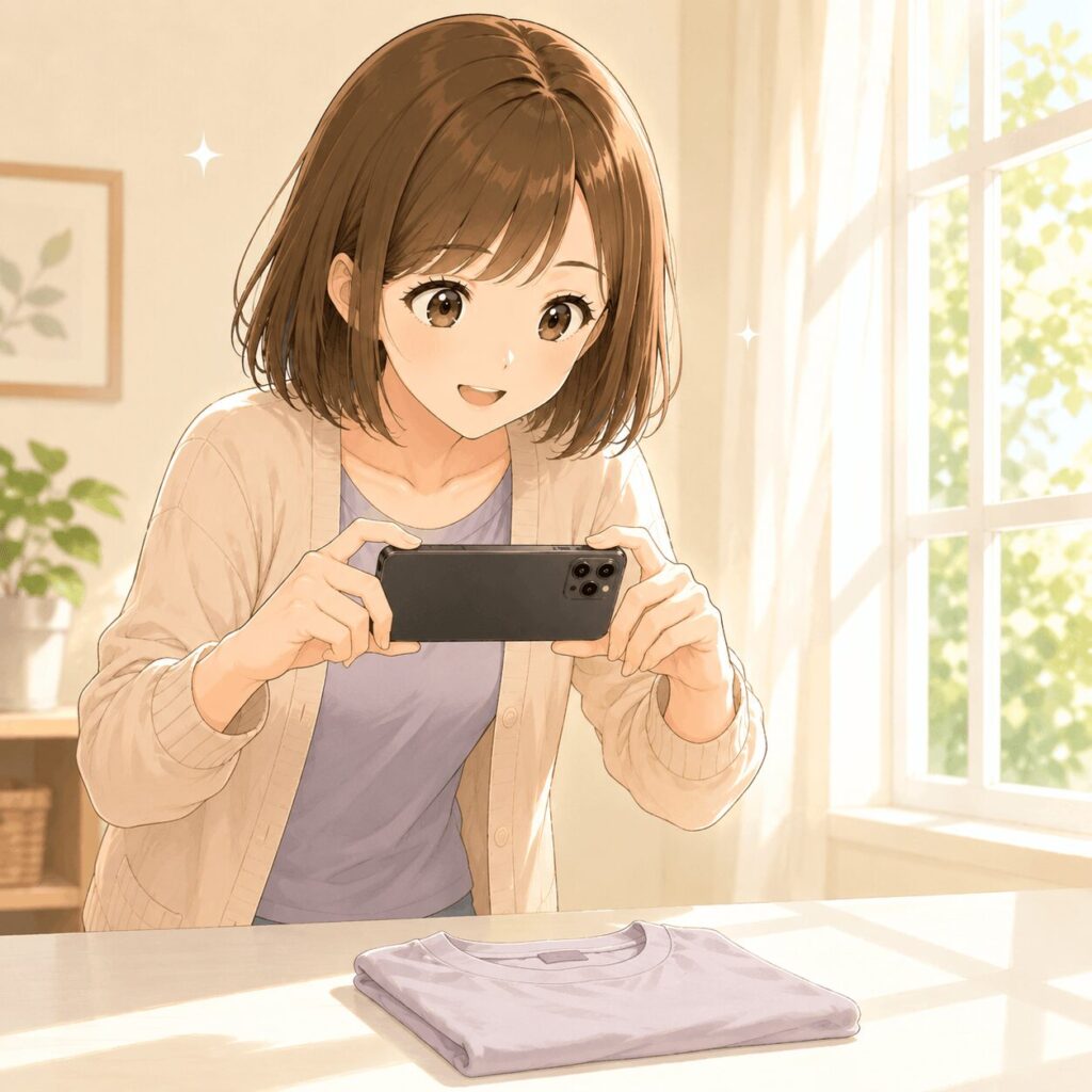 窓際の自然光でメルカリの商品写真をスマホで撮っている女性のイラスト