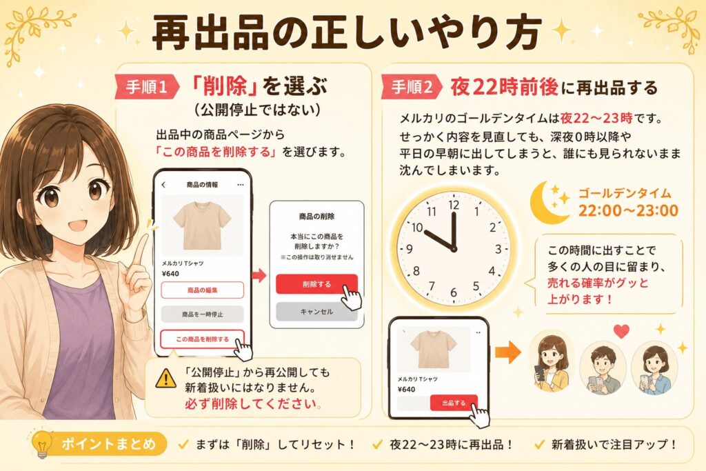 メルカリで再出品する正しいやり方を2ステップで解説したインフォグラフィック。削除の選び方と夜22時の出品タイミング