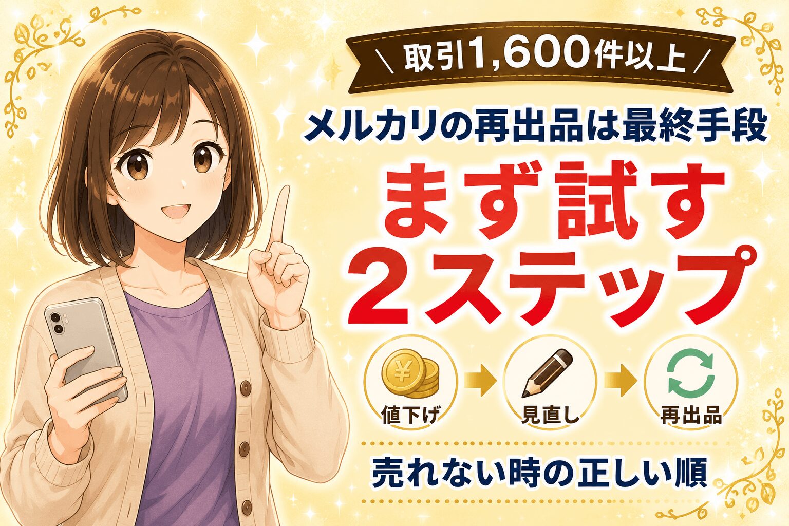 メルカリの再出品は最終手段として、まず試す2ステップと 売れない時の正しい対処法を解説した記事のアイキャッチ