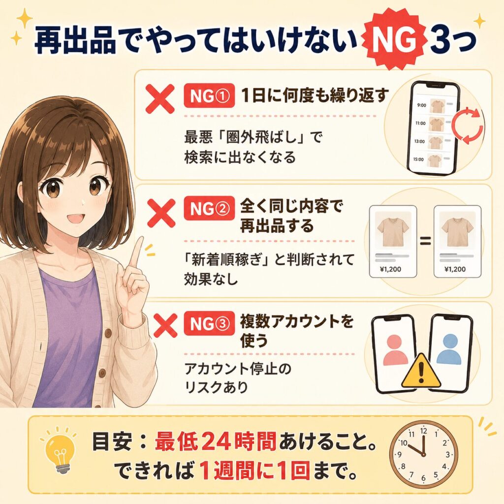 メルカリで再出品するときにやってはいけないNG3つを解説したインフォグラフィック