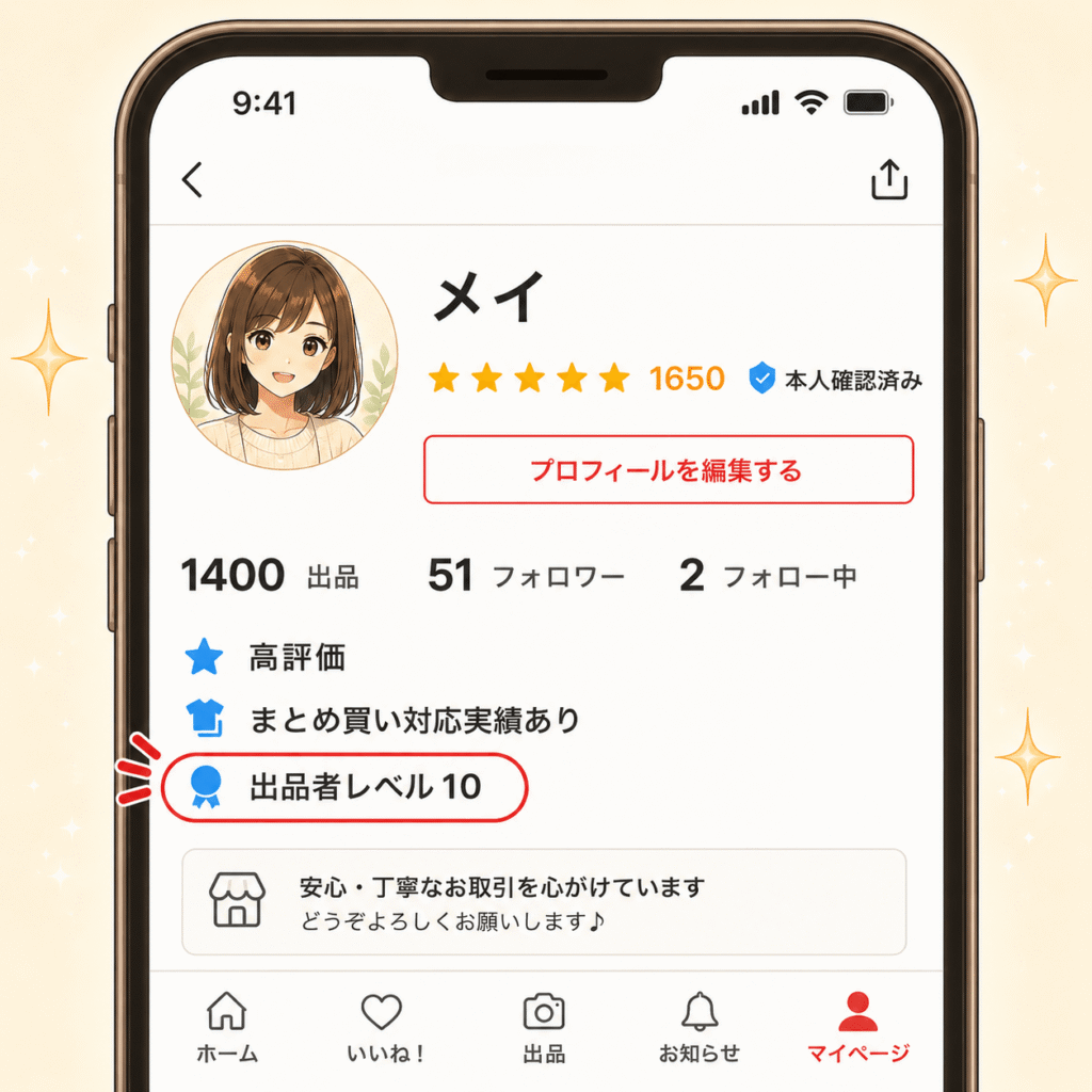 メルカリの出品者プロフィールに「出品者レベル10」が表示されているイメージイラスト。購入者からの信頼につながることを示すセクション