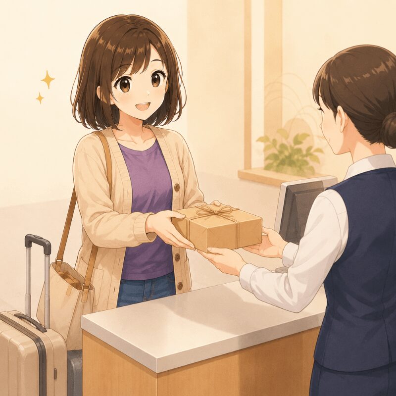 旅行・帰省中でもコンビニや郵便局からメルカリの匿名配送で発送できることを表すイラスト