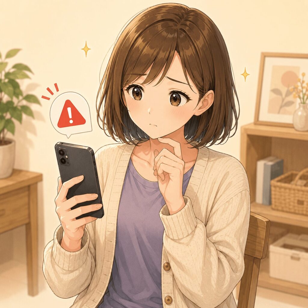 メルカリで不審なコメントを受け取り冷静に確認している 女性のイラスト。初心者狩りの手口を説明するセクション