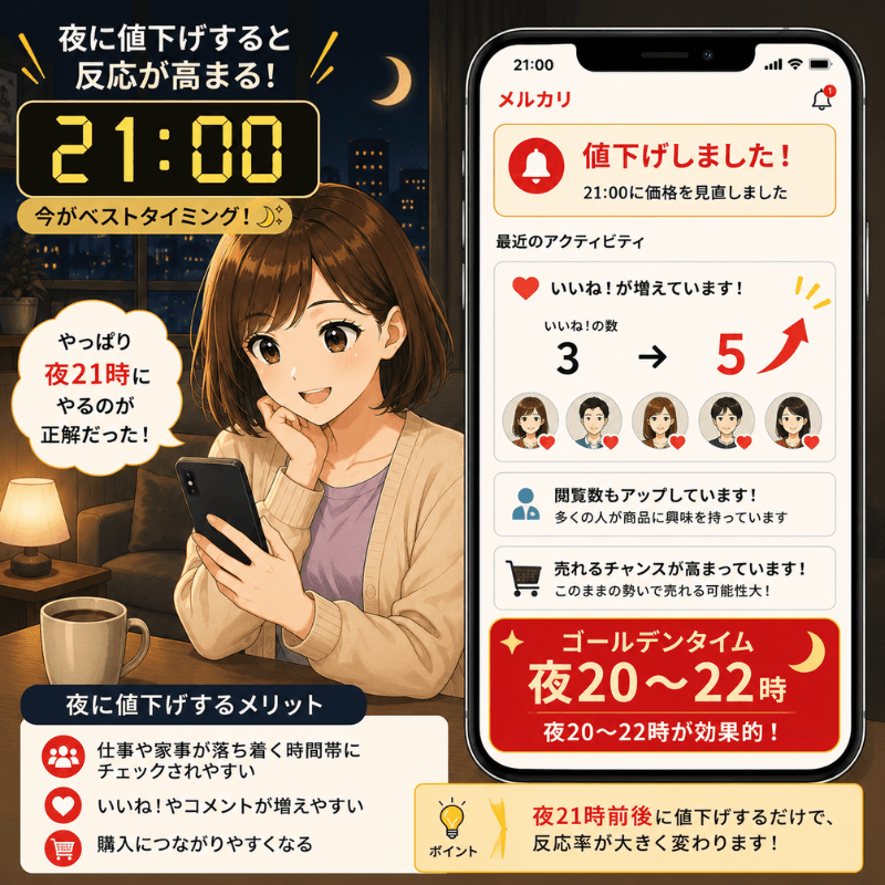メルカリで夜22時に値下げ通知を送ると購入者からのいいね反応が増えることを示す、ベストタイミング戦略の図解