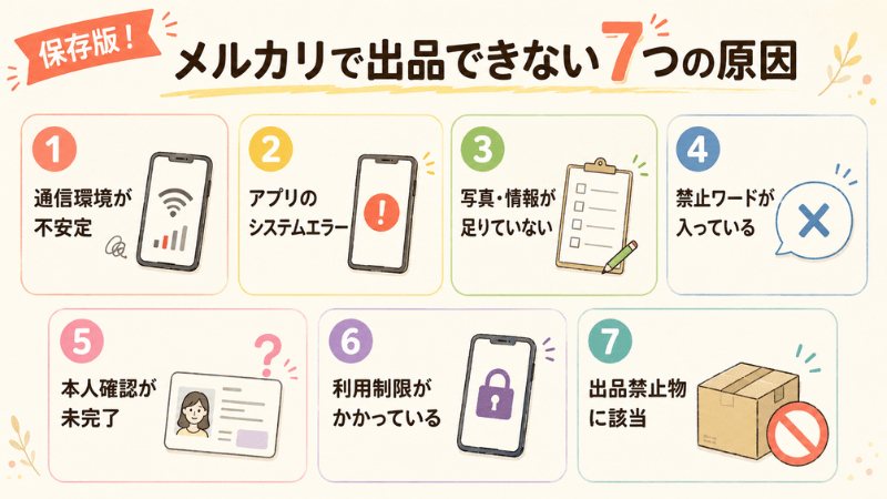 メルカリで出品できない7つの原因を番号付きカードで一覧にまとめた図解