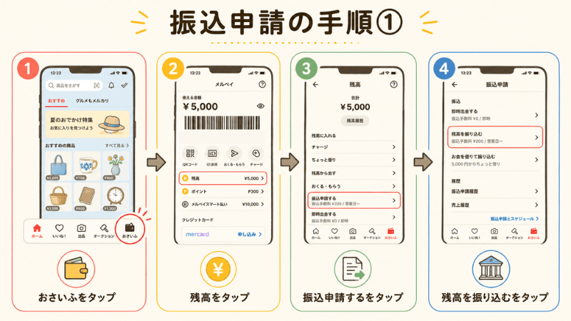 メルカリ振込申請の前半4ステップを示した手順図解