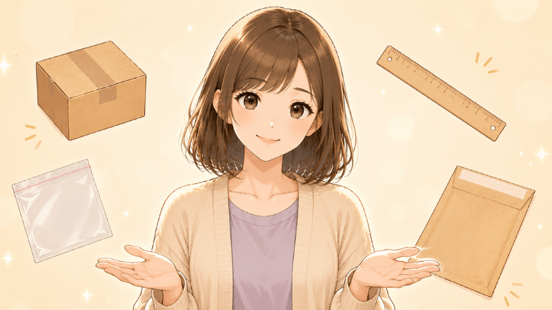 メルカリの梱包に使うグッズを紹介する女性のイラスト
