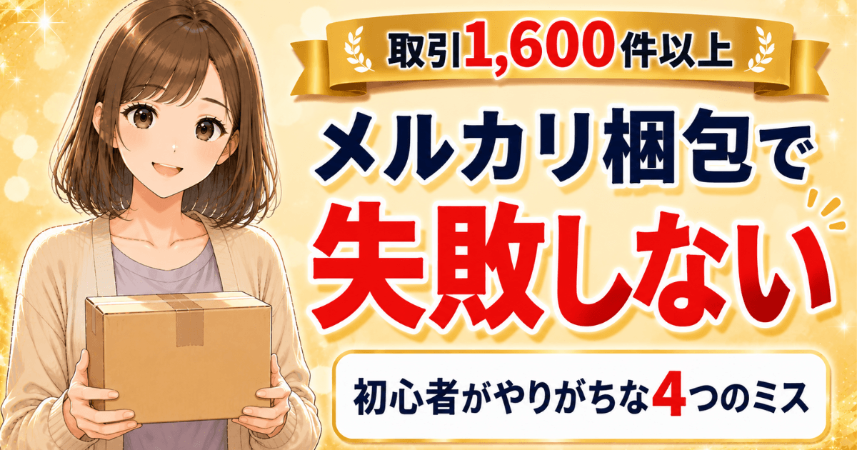 メルカリ梱包で初心者がやりがちな失敗と対策を紹介する記事のアイキャッチ画像