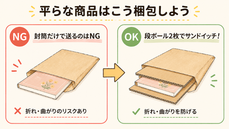 本を段ボール2枚でサンドイッチして補強する梱包方法のNGとOK比較図解