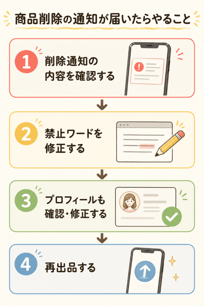 メルカリで商品削除の通知が届いた後の対処手順を4ステップで示したフロー図解