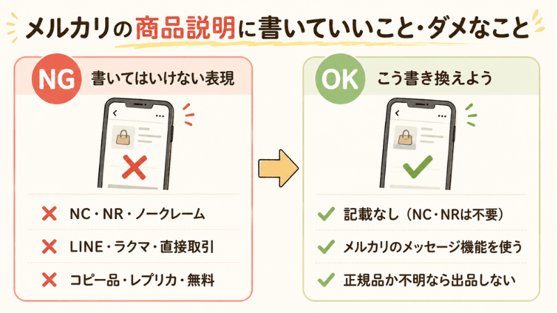メルカリの商品説明に書いていいことと書いてはいけないことをNGとOKで比較した図解