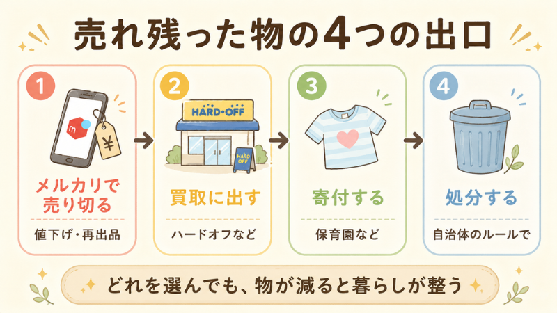 メルカリで売れ残った物を売り切る・買取・寄付・処分の4つで手放す流れを示したフロー図